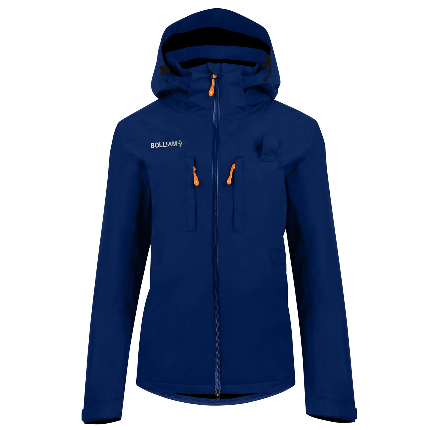 BOLLIAM-Innovative-Coole-Jacke-Fur-Hundehalter-Damen-Gassi-Mantel-Funktionell-wasserdicht-atmungsaktiv-PFC-Frei-navy-blau-vorne-orange